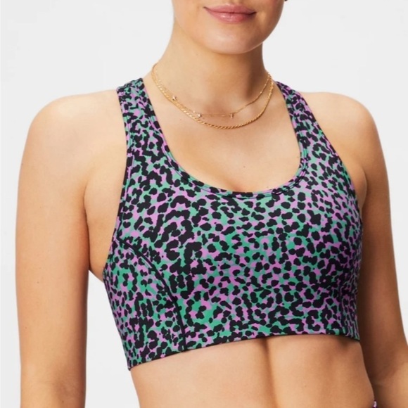 FABLETICS BRA ON THE GO MEDIUM IMPACT SPORTS BRA GRASS GREEN SAFARI SPOTS XS - Picture 1 of 13